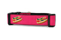 Wide medium raspberry dog collar with design that represents Chicago Style Hot Dog.