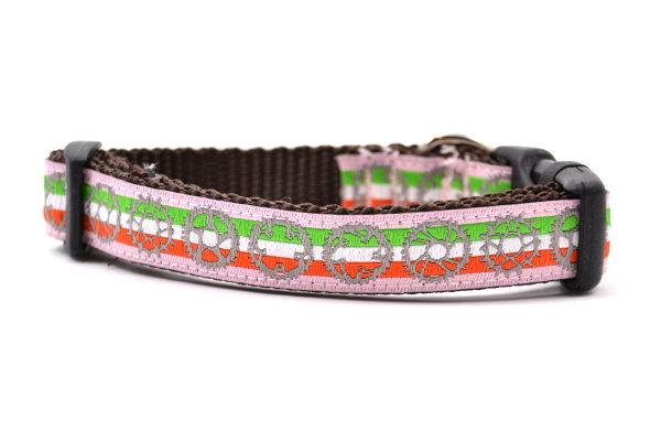 XS pink dog collar with light green, white, and red stripe and bicycyle sprockets in gray.