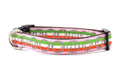 Medium pink dog collar with light green, white, and red stripe and bicycyle sprockets in gray.