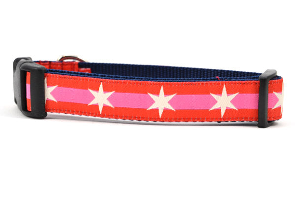 Medium dog collar with 2 outer red stripes and 1 pink stripe in the middle and white six pointed stars around the collar.