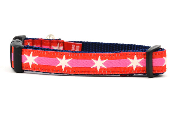 XS dog collar with 2 outer red stripes and 1 pink stripe in the middle and white six pointed stars around the collar.