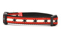 Small dog collar has two outer red stripes and one central off-white stripe and black six point stars around the collar. 