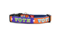 XS dog collar that is purple and orange blocks pattern with the word VOTE on each color block. 