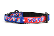 XXS dog collar that is red and navy blocks pattern with the word VOTE on each color block. 