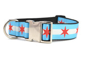 Wide large dog collar with metal clasp - dog collar has two light blue stripes and one white stripe and red six pointed stars - representing the Chicago Flag.