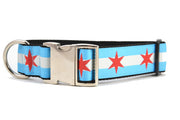 Wide Medium dog collar with metal clasp - dog collar has two light blue stripes and one white stripe and red six pointed stars - representing the Chicago Flag.