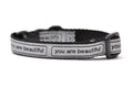 Cat collar that is silver with the words you are beautiful in black. 