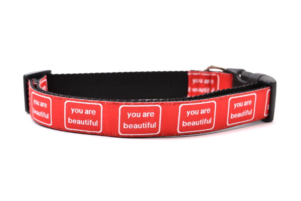 Large dog collar that is red with the words you are beautiful in white. 