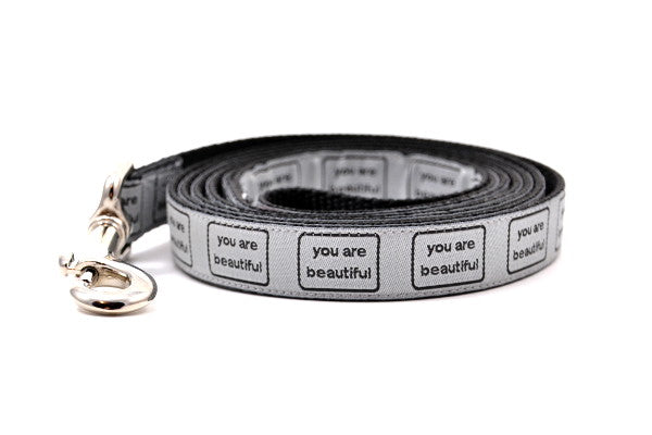 Small Dog leash that is silver with the words you are beautiful in black.