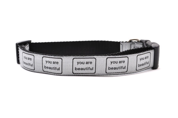 Large dog collar that is silver with the words you are beautiful in black. 